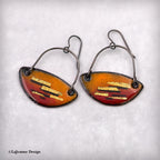 Enamel teardrop dangle earrings, orange-red enamel with gold-tone stripes and metal hooks