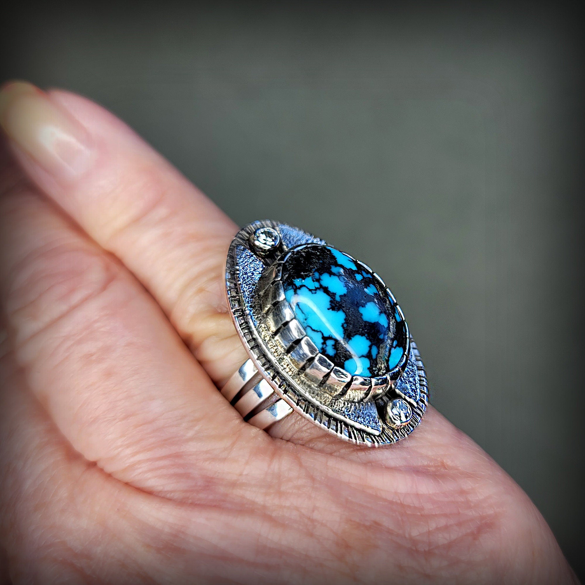Size 9 - Egyptian Turquoise & Moissanite Sterling Silver Ring