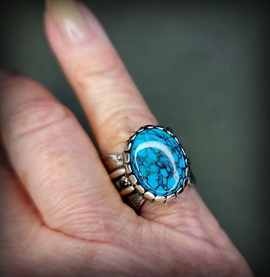 Size 8 - Egyptian Turquoise Sterling Silver Ring | Wide Band