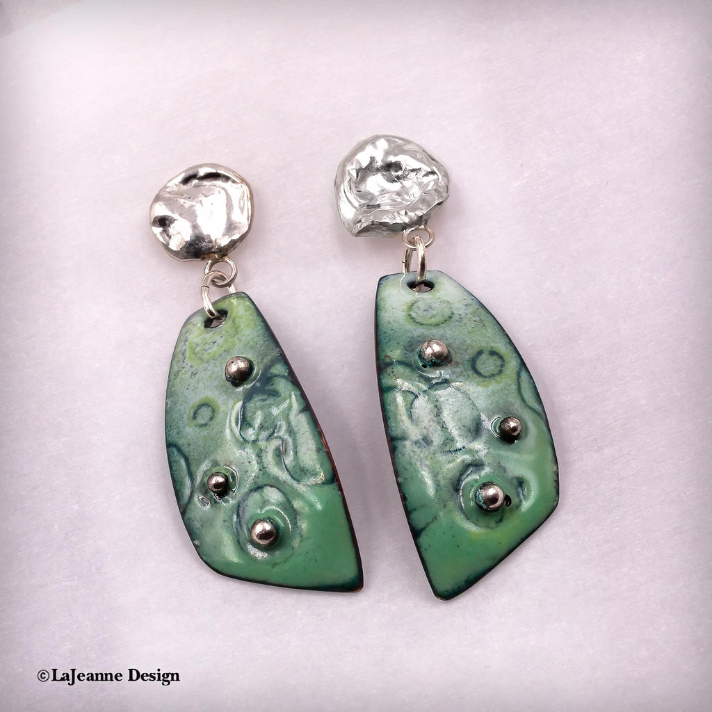 Green Enamel and Silver Earrings