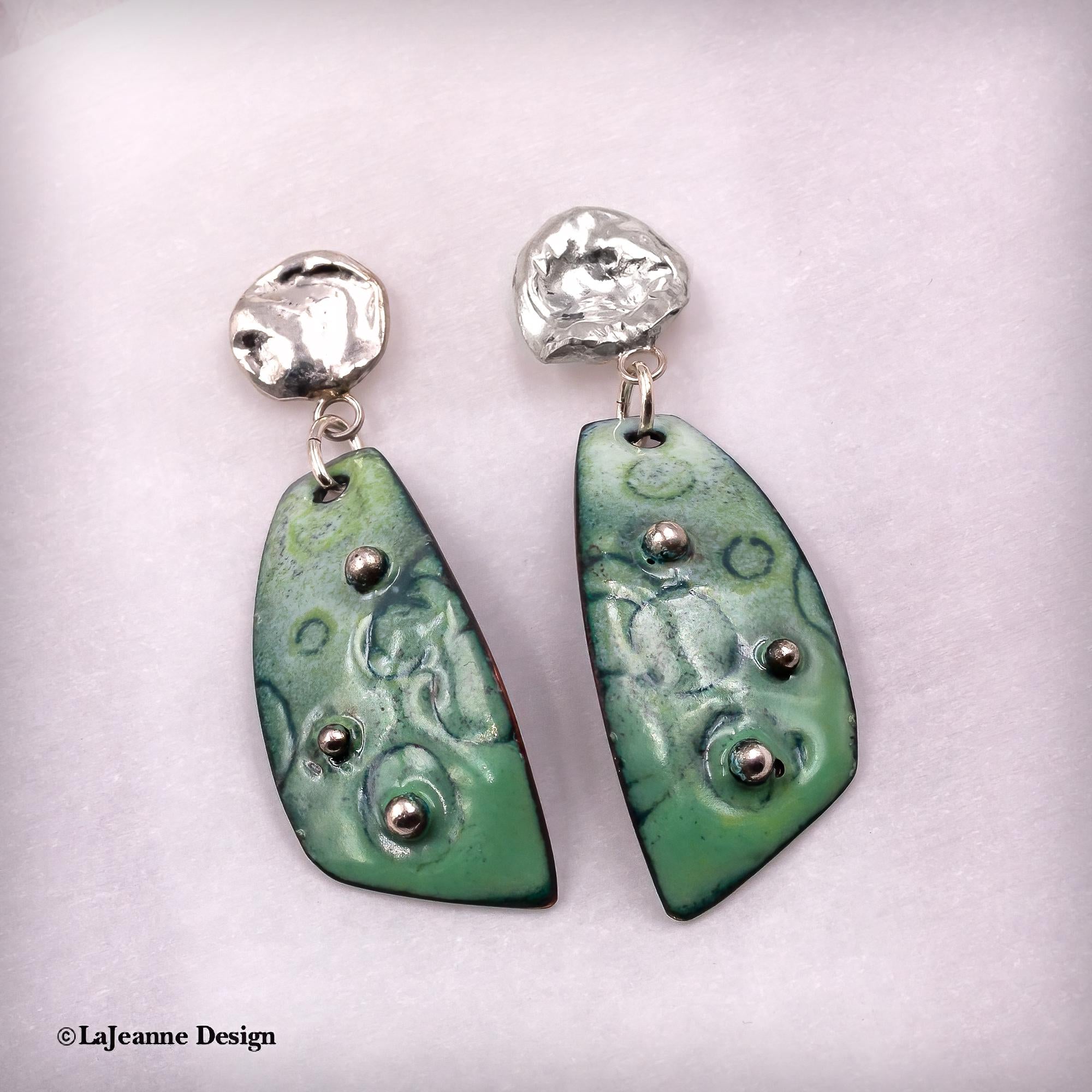 Green Enamel and Silver Earrings