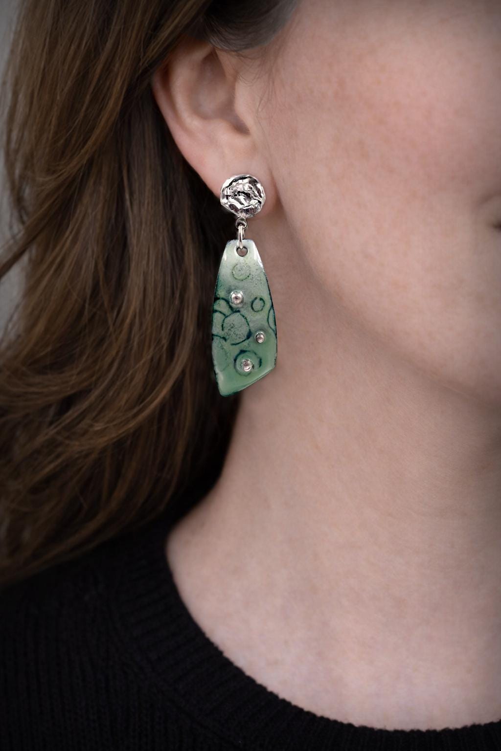 Green Enamel and Silver Earrings