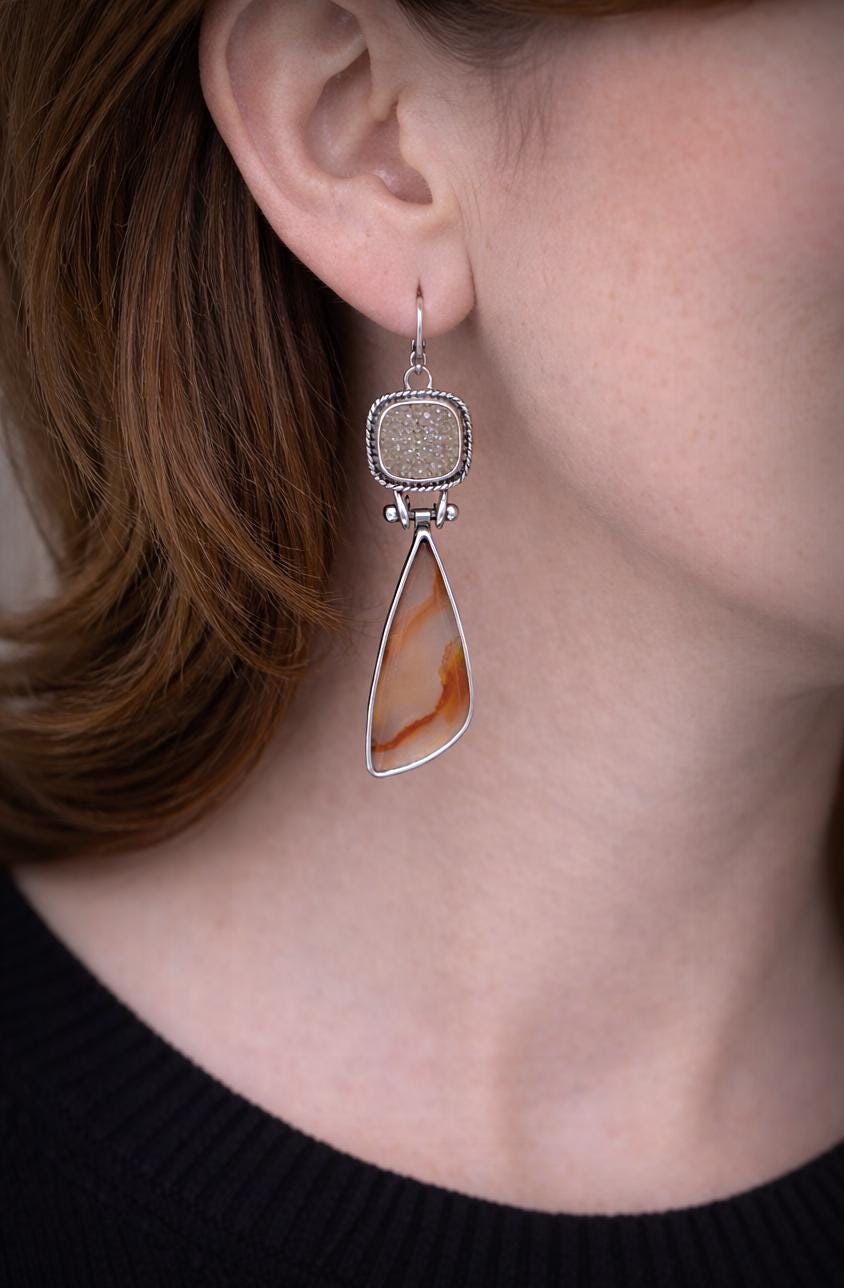 Agate Motif & Druzy Quartz Sterling Silver Earrings