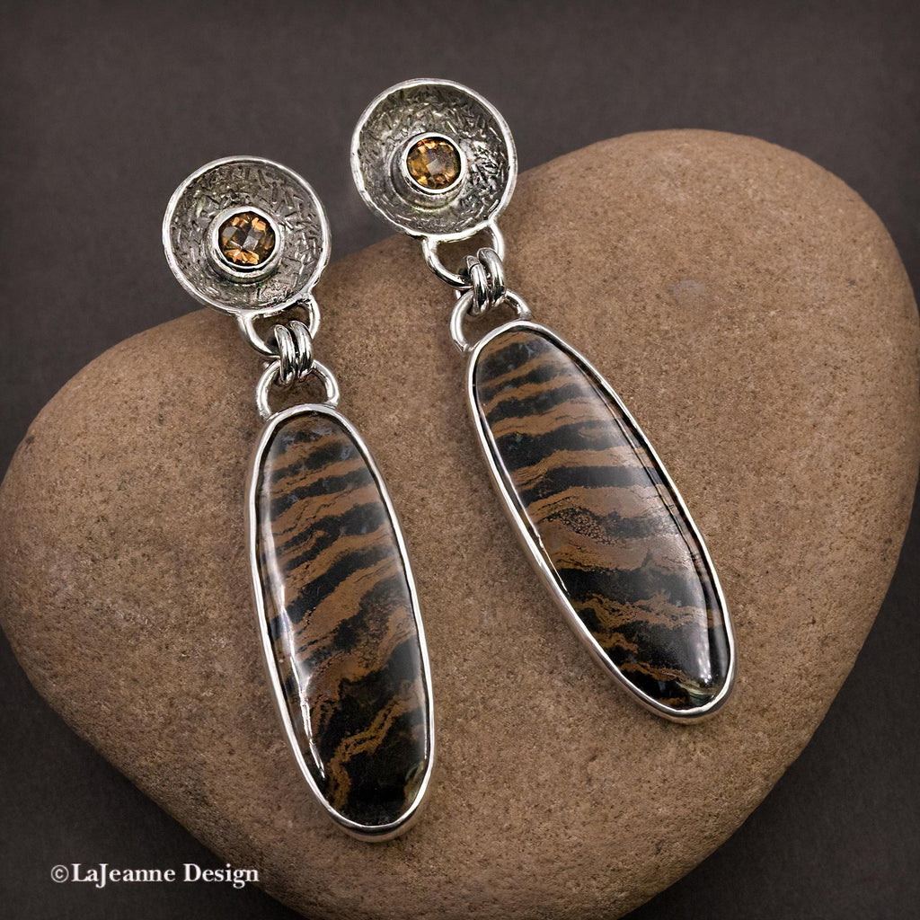 Zebra Petrified Wood & Fire Citrine Sterling Silver Earrings