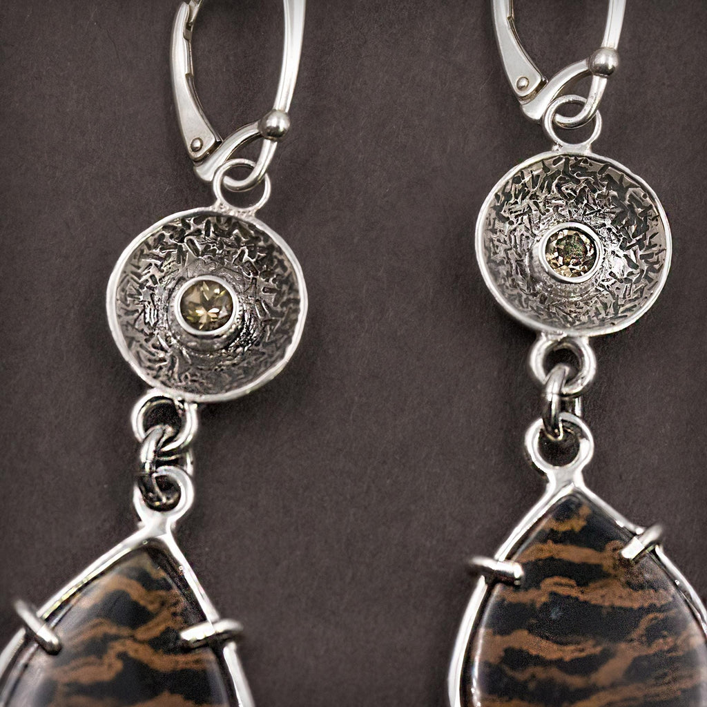 Zebra Petrified Wood & Citrine Sterling Silver Earrings