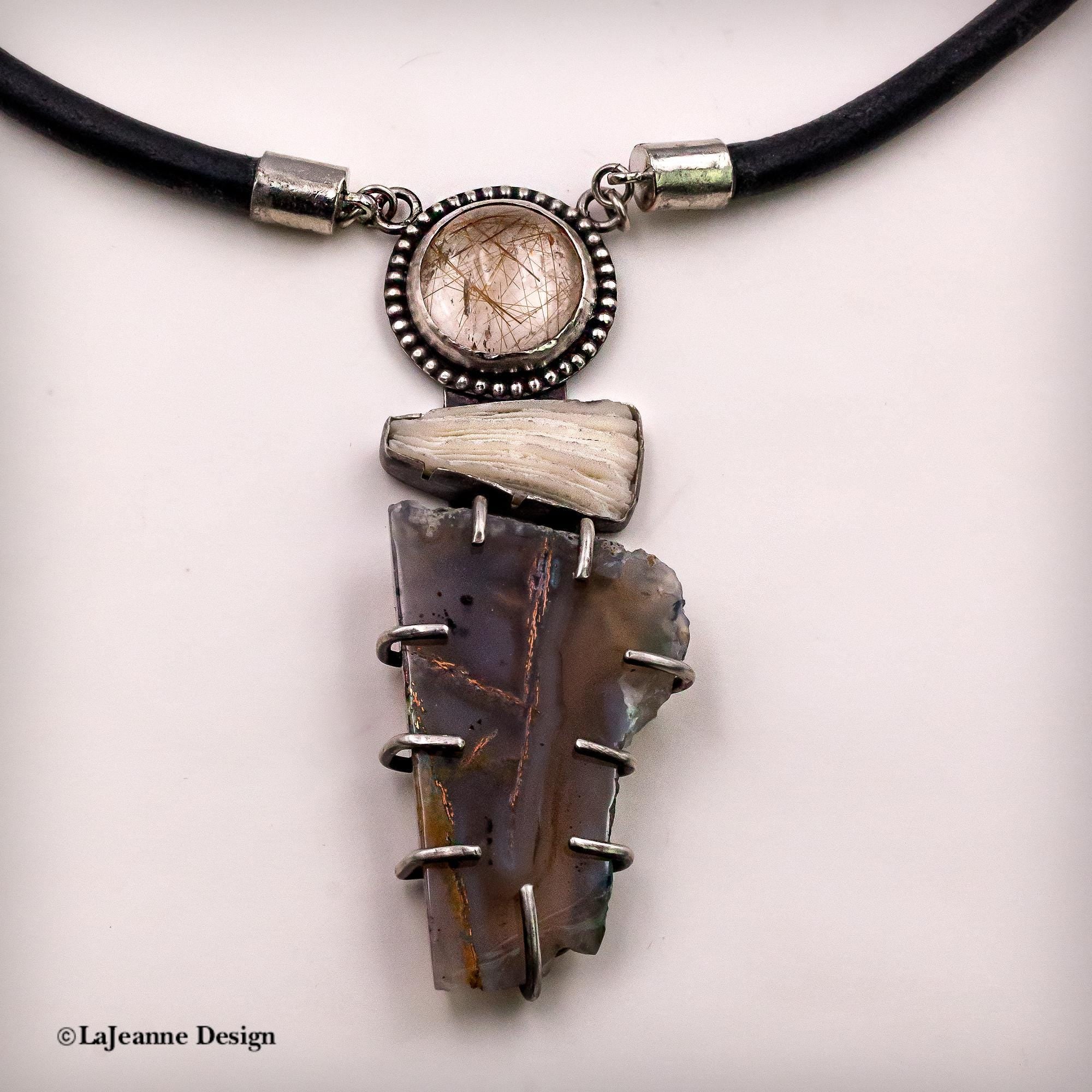 Chrysocolla in Chalcedony, Rutilated Quartz & Coral Necklace