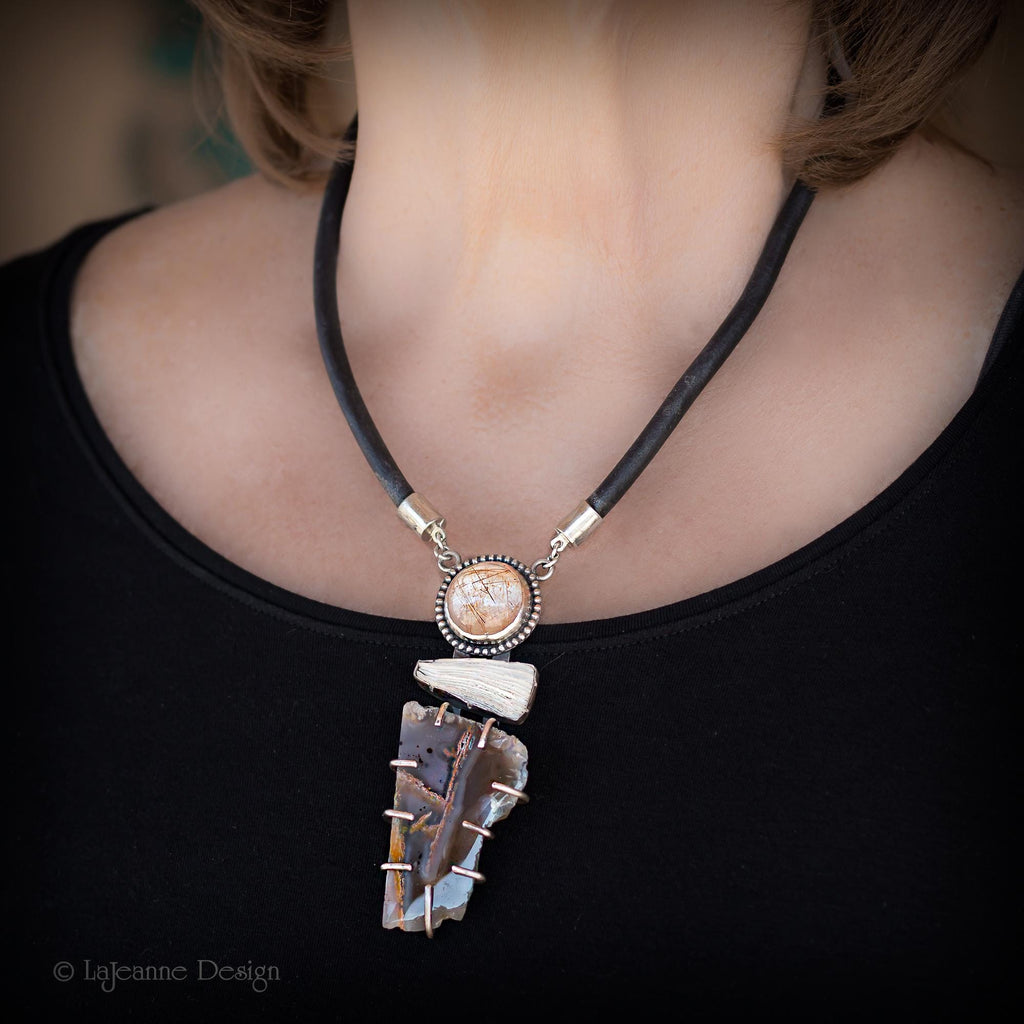 Chrysocolla in Chalcedony, Rutilated Quartz & Coral Necklace