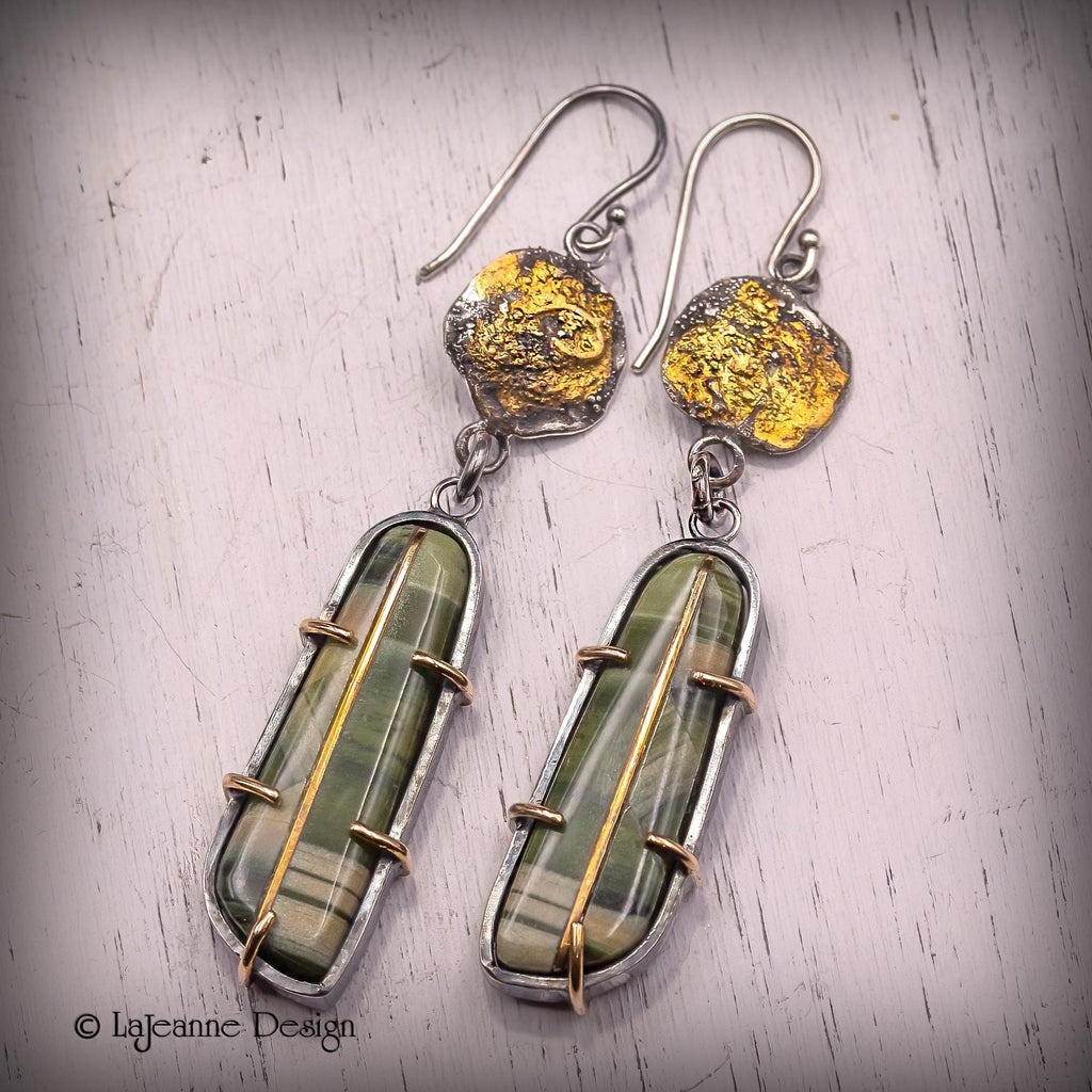Ricolite Intarsia, 18K & 24K Gold Sterling Silver Earrings