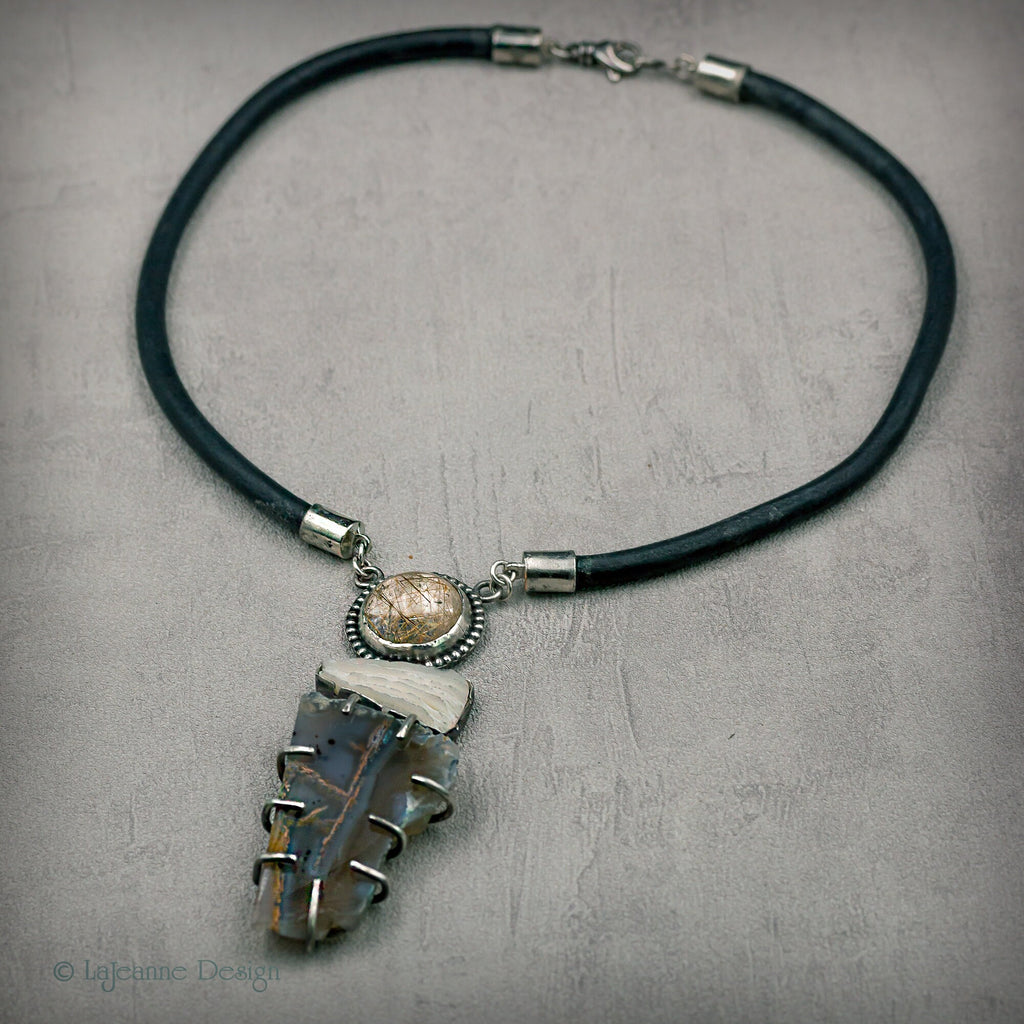 Chrysocolla in Chalcedony, Rutilated Quartz & Coral Necklace