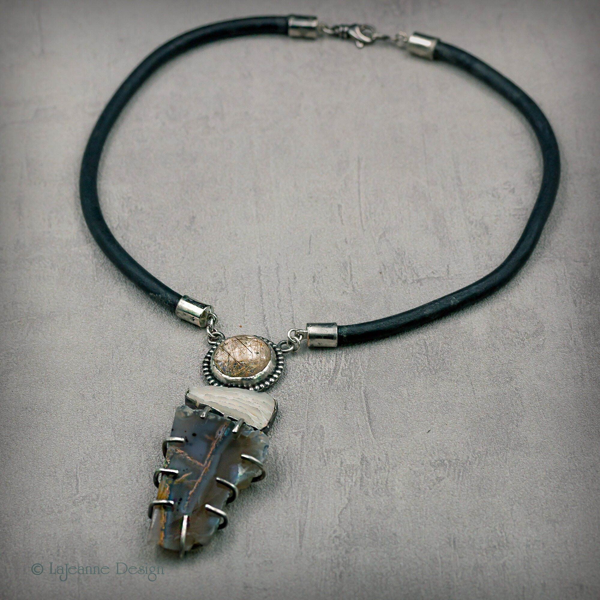 Chrysocolla in Chalcedony, Rutilated Quartz & Coral Necklace