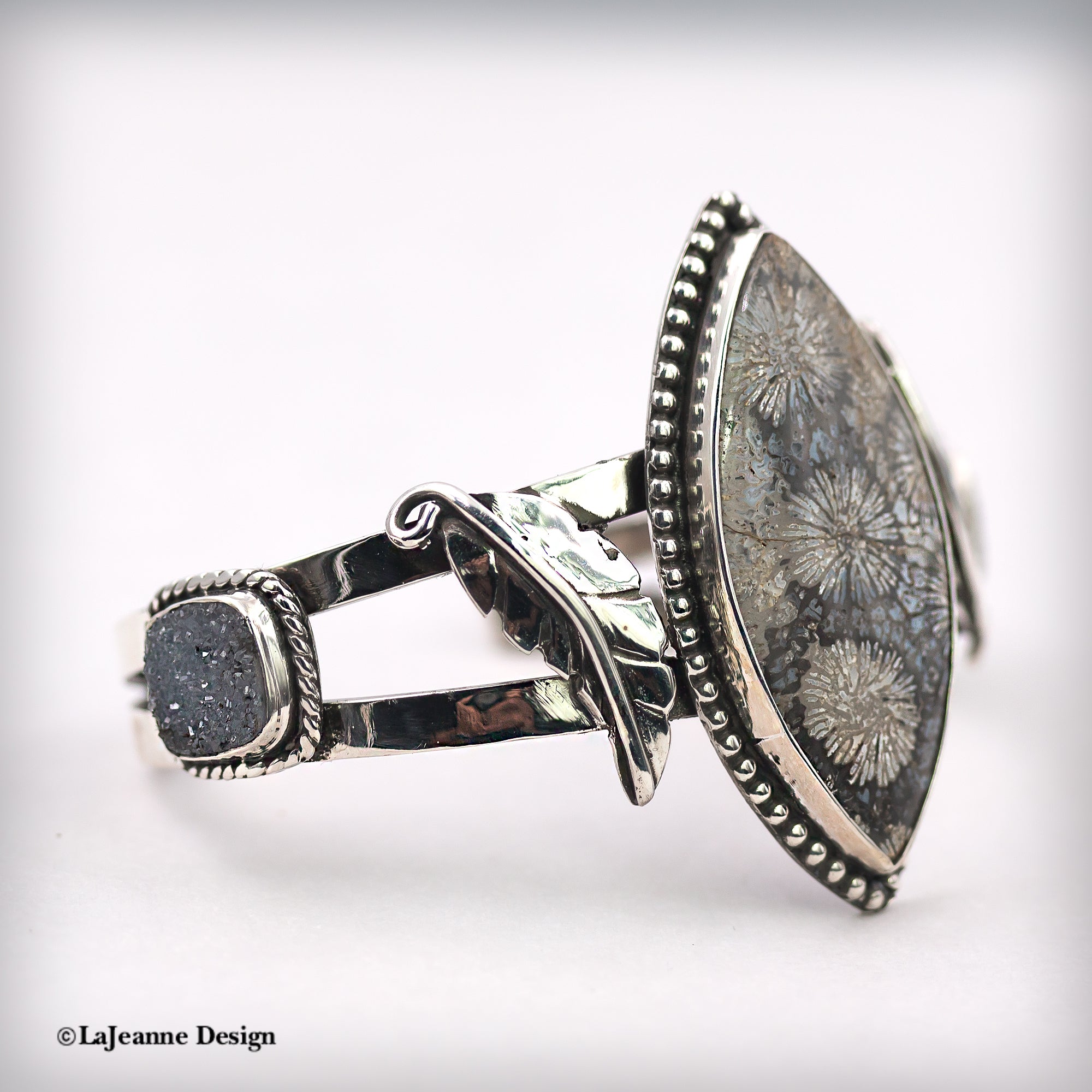 Fossil Coral & Druzy Sterling Silver Cuff Bracelet