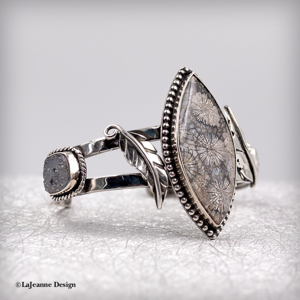 Fossil Coral & Druzy Sterling Silver Cuff Bracelet