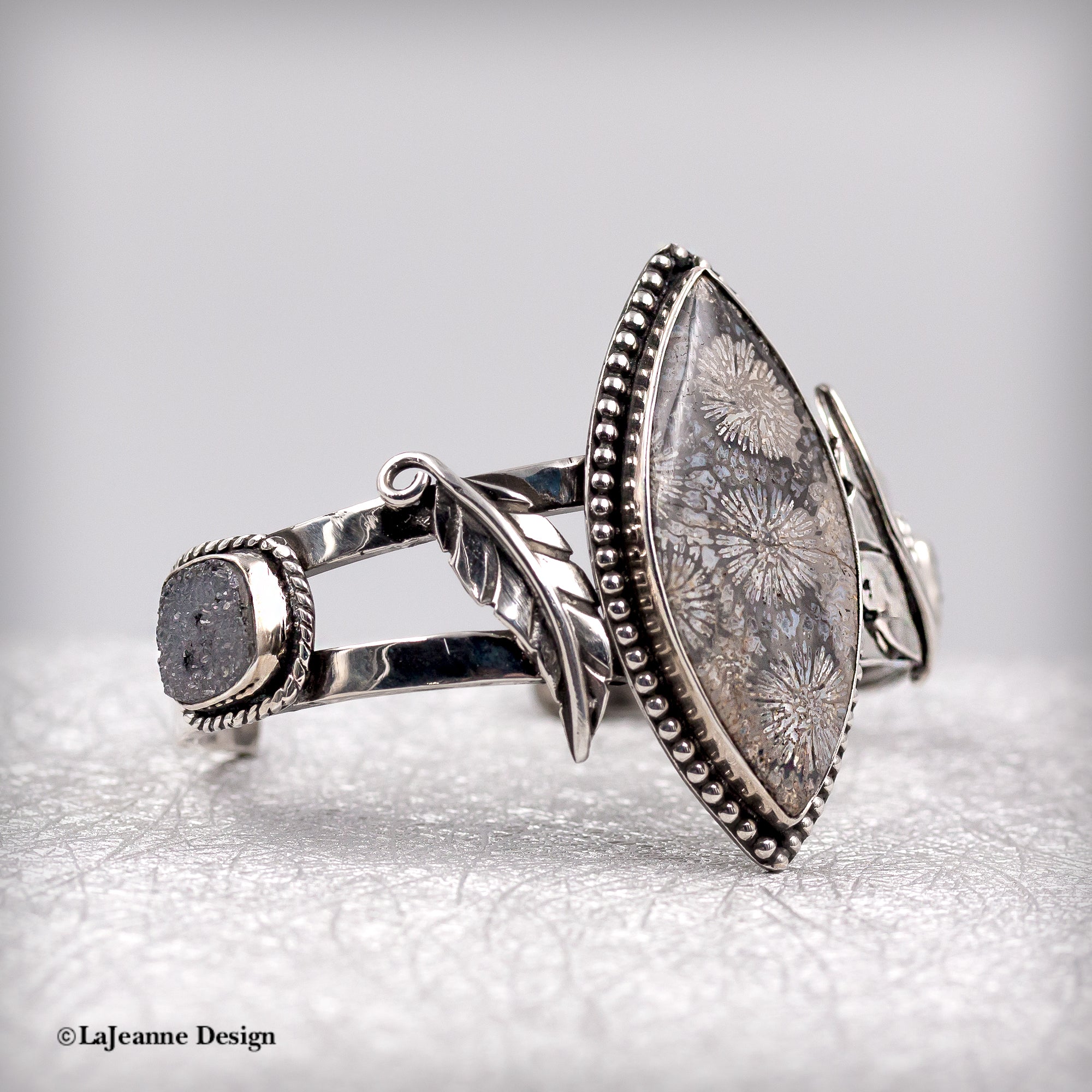 Fossil Coral & Druzy Sterling Silver Cuff Bracelet
