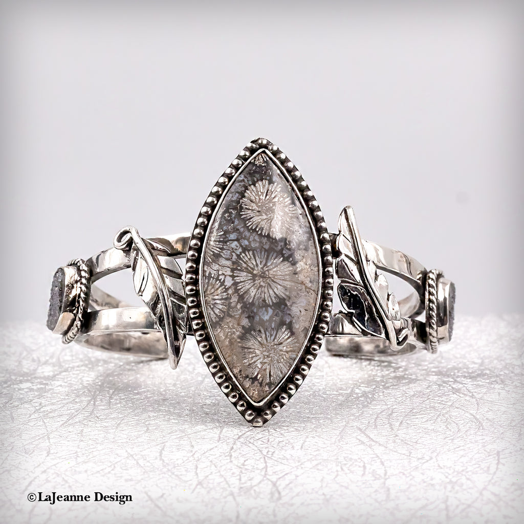 Fossil Coral & Druzy Sterling Silver Cuff Bracelet