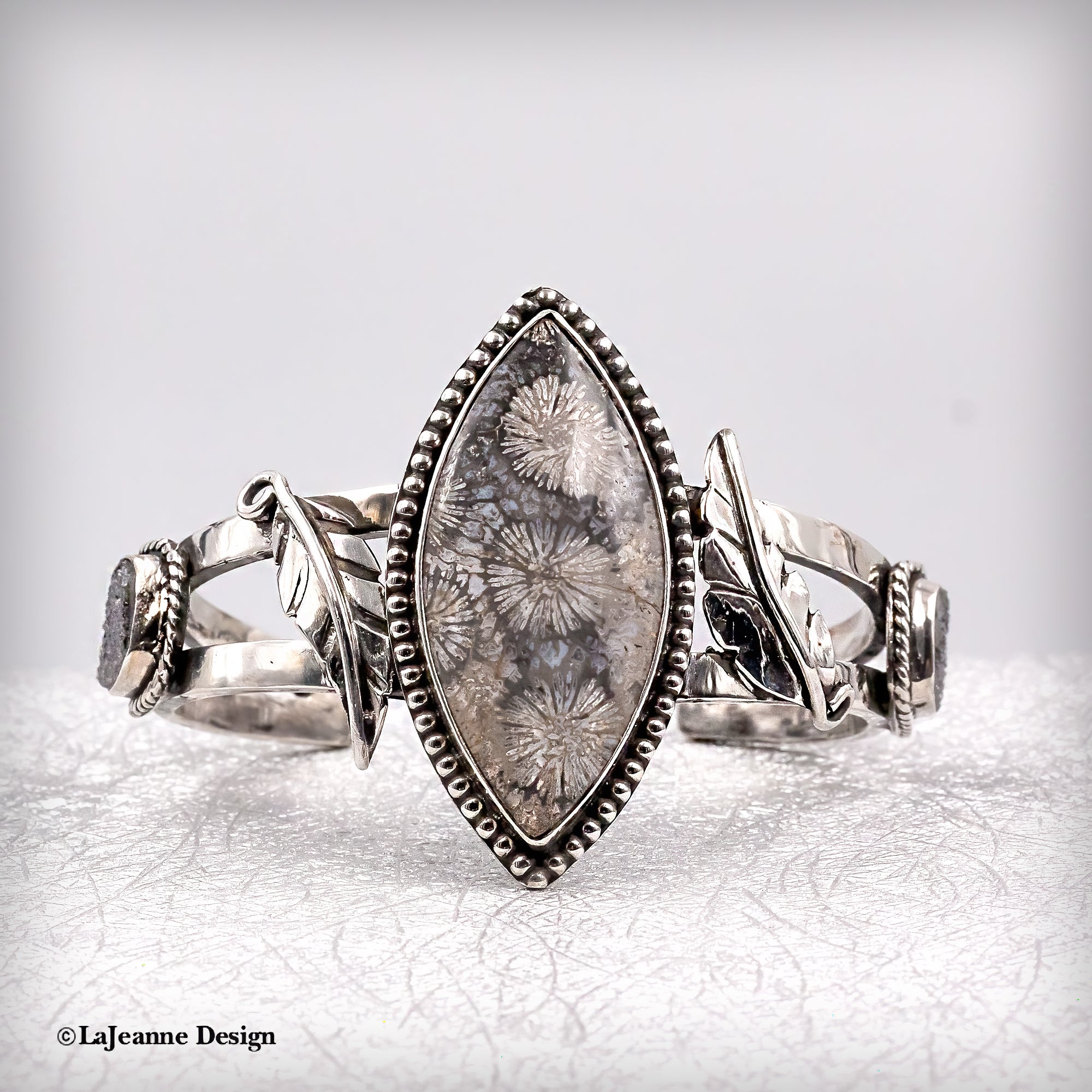 Fossil Coral & Druzy Sterling Silver Cuff Bracelet