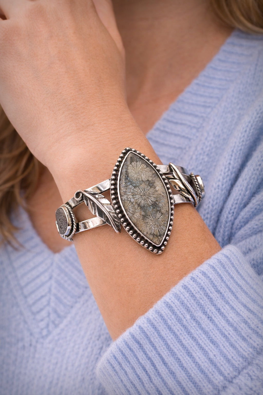 Fossil Coral & Druzy Sterling Silver Cuff Bracelet