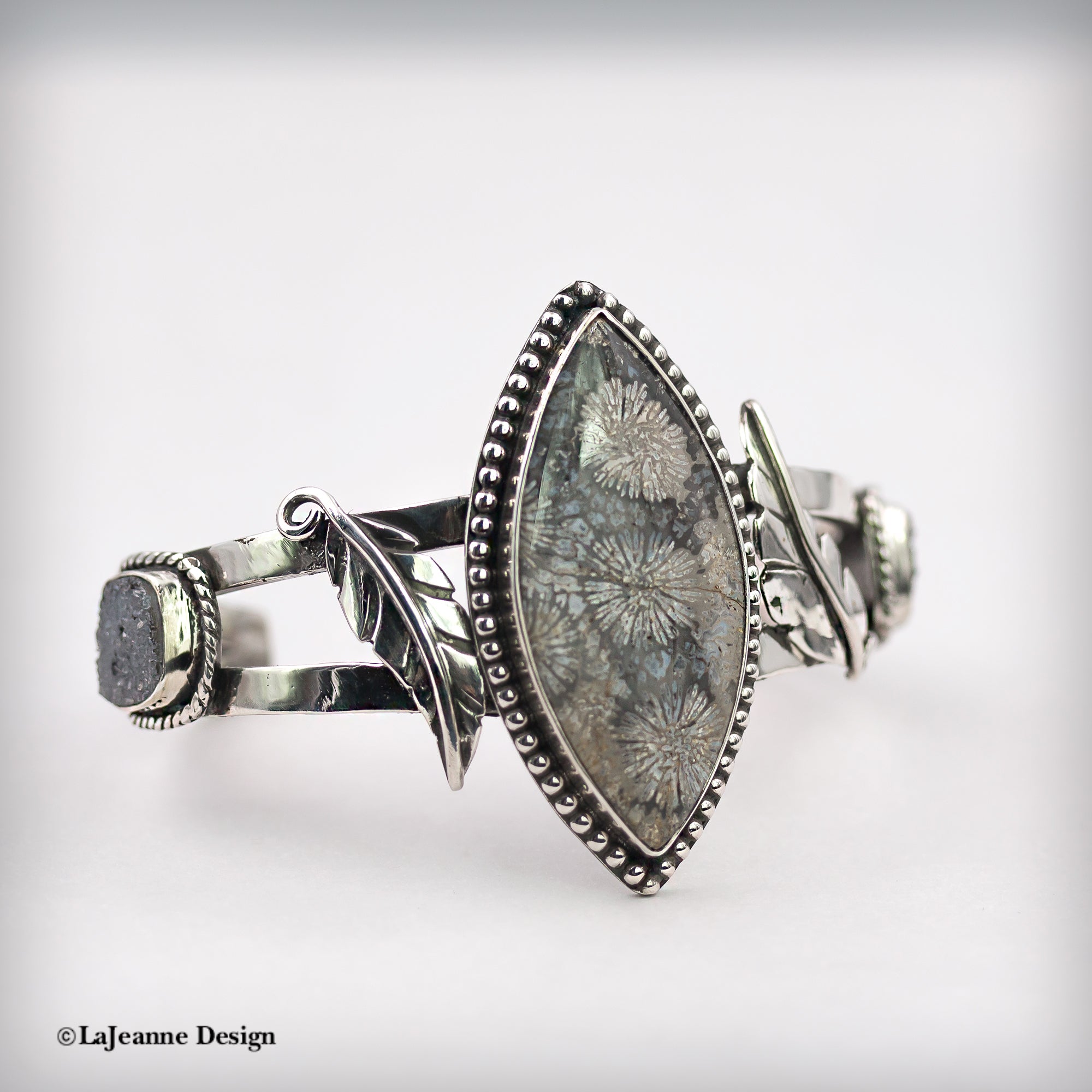 Fossil Coral & Druzy Sterling Silver Cuff Bracelet