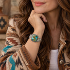Turquoise inlay sterling silver cuff bracelet with ornate rope border detail