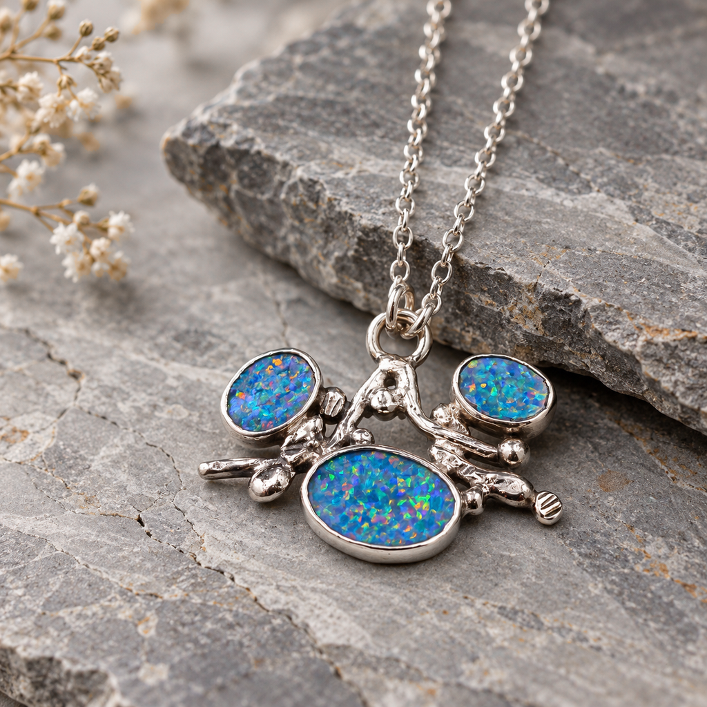 Sterling silver necklace with blue-green boulder opal pendant on chain