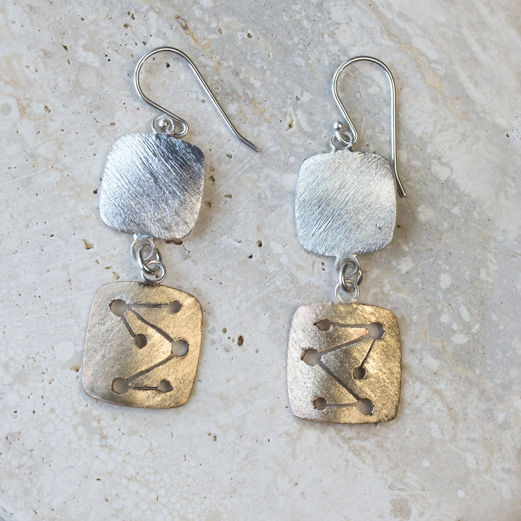 Textured Brass & Sterling Silver Dangle Earrings