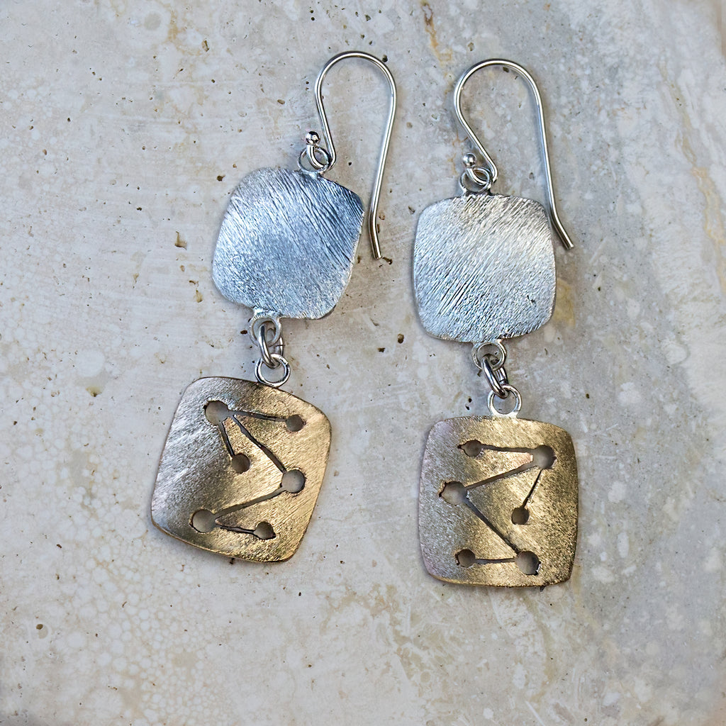 Textured Brass & Sterling Silver Dangle Earrings
