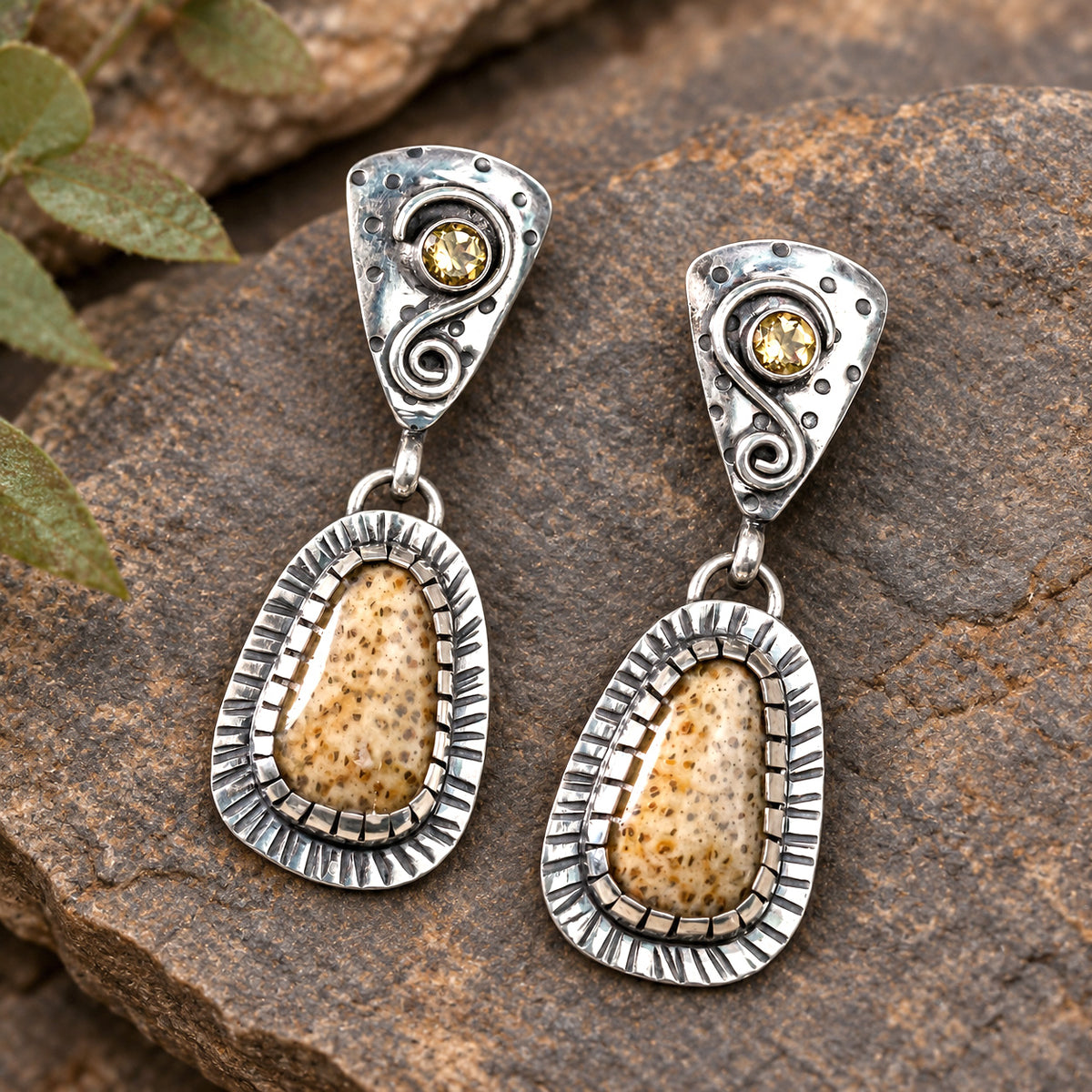 Sterling silver earrings with petrified palm wood drops and round citrine stones