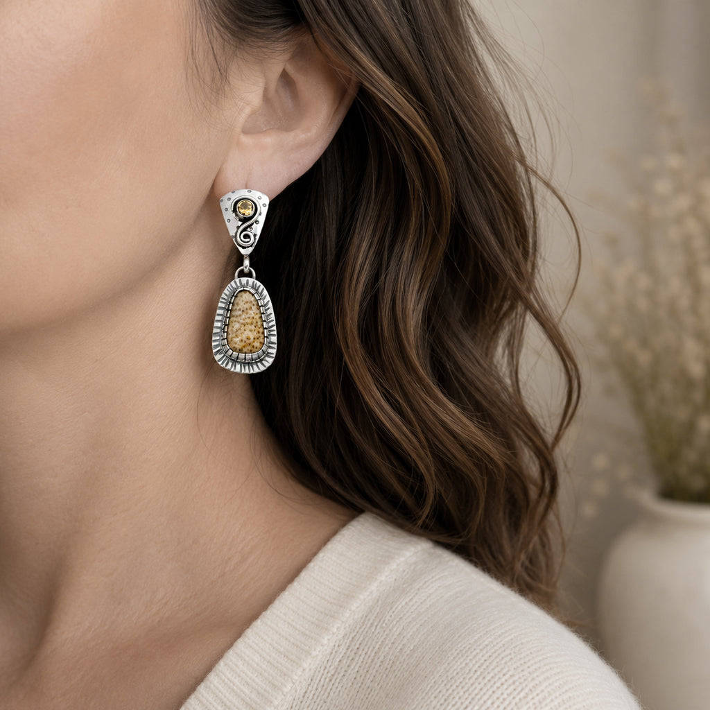 Petrified Palm Wood & Citrine Sterling Silver Earrings