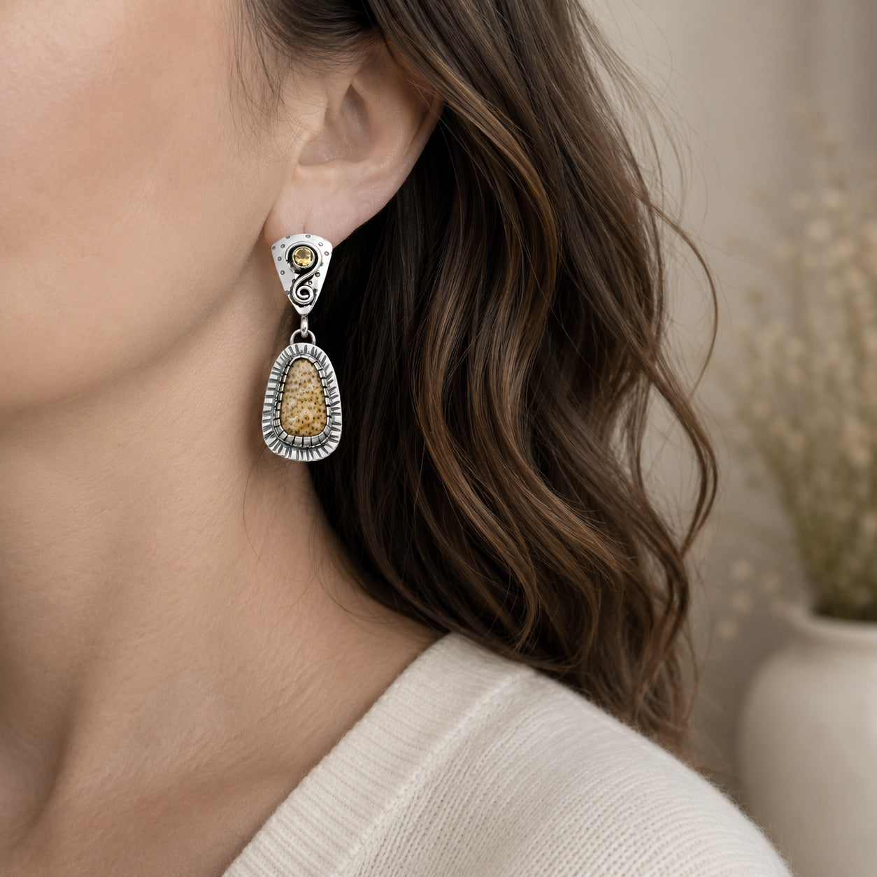 Petrified Palm Wood & Citrine Sterling Silver Earrings