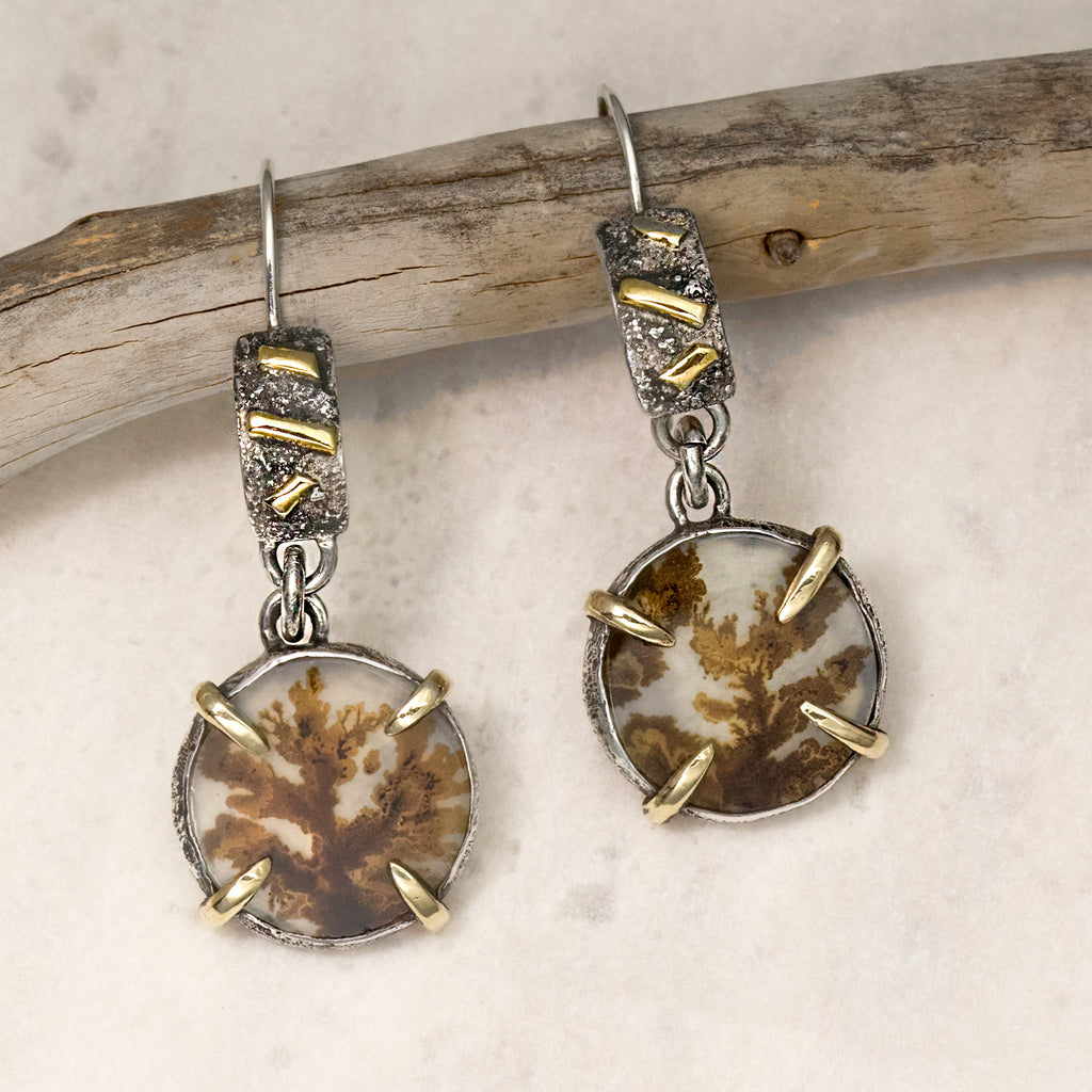 Dendritic Agate, 18K Gold Sterling Silver Earrings