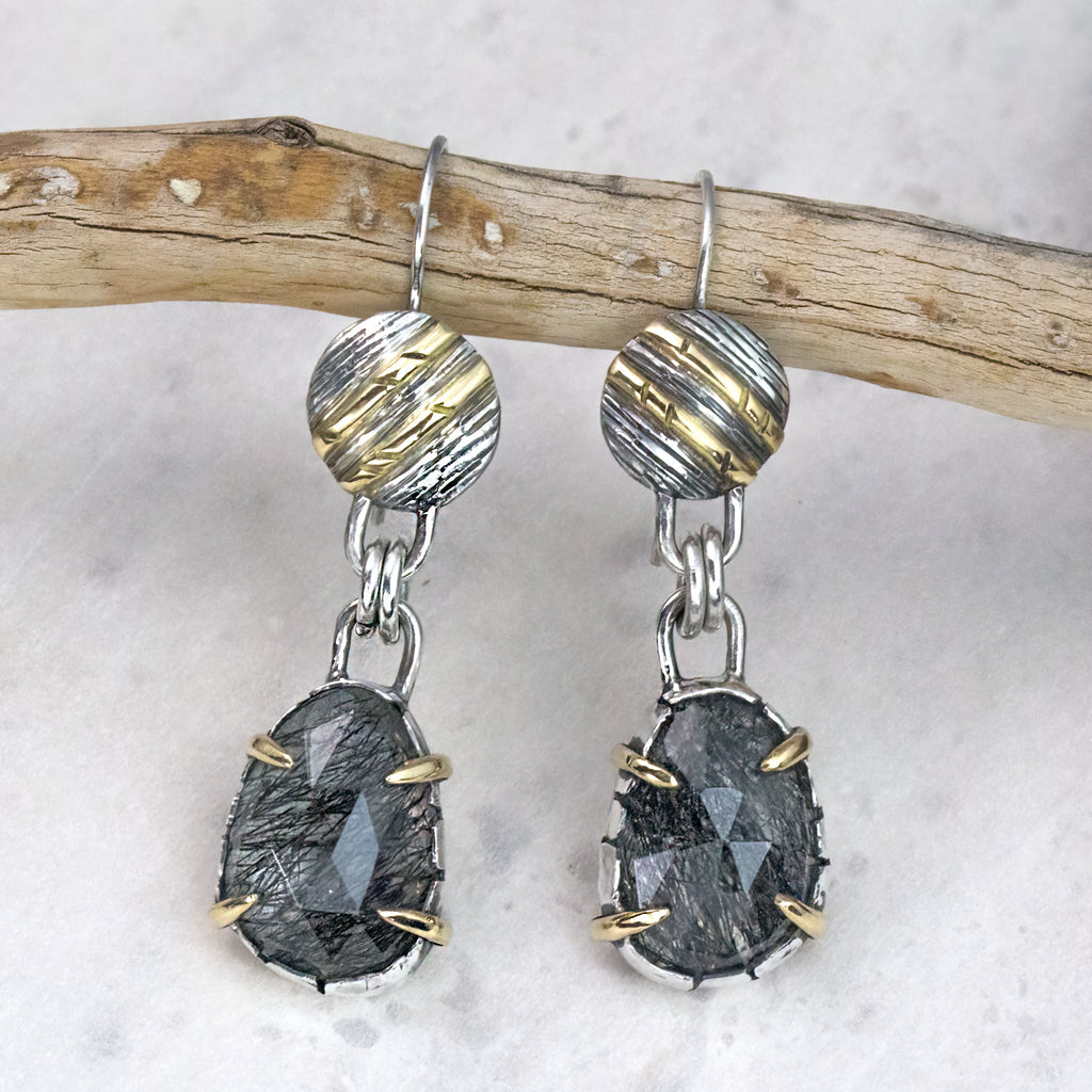 Black Rutilated Quartz 18K Gold & Sterling Silver Earrings