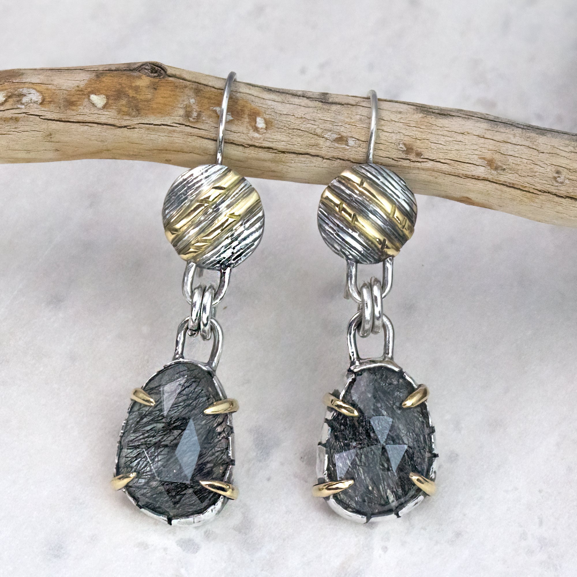 Black Rutilated Quartz 18K Gold & Sterling Silver Earrings