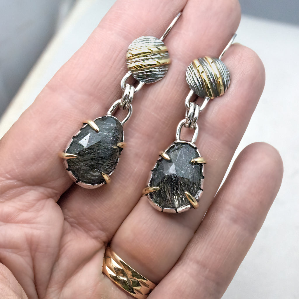 Black Rutilated Quartz 18K Gold & Sterling Silver Earrings