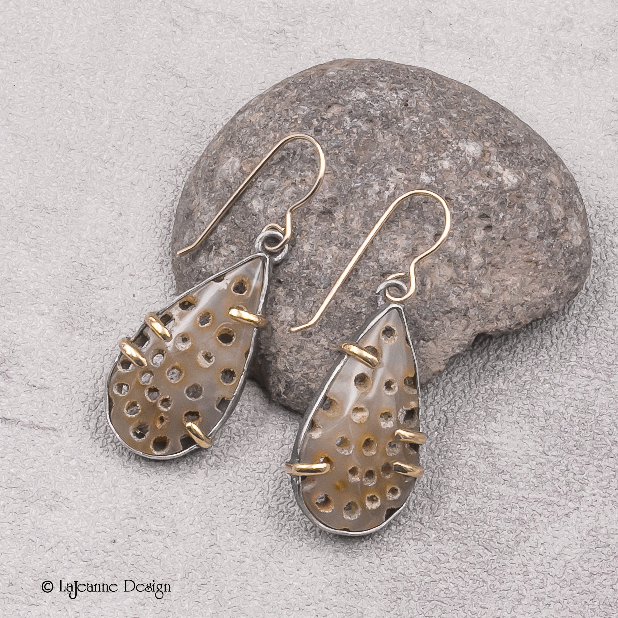 Fossil Coral, 18K Gold Sterling Silver Earrings