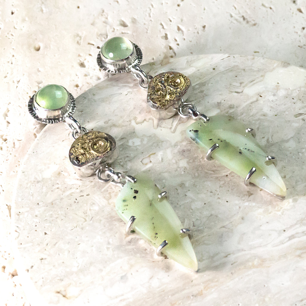 Opalized Petrified Wood, Chrysoprase & 24K Gold Sterling Silver Earrings