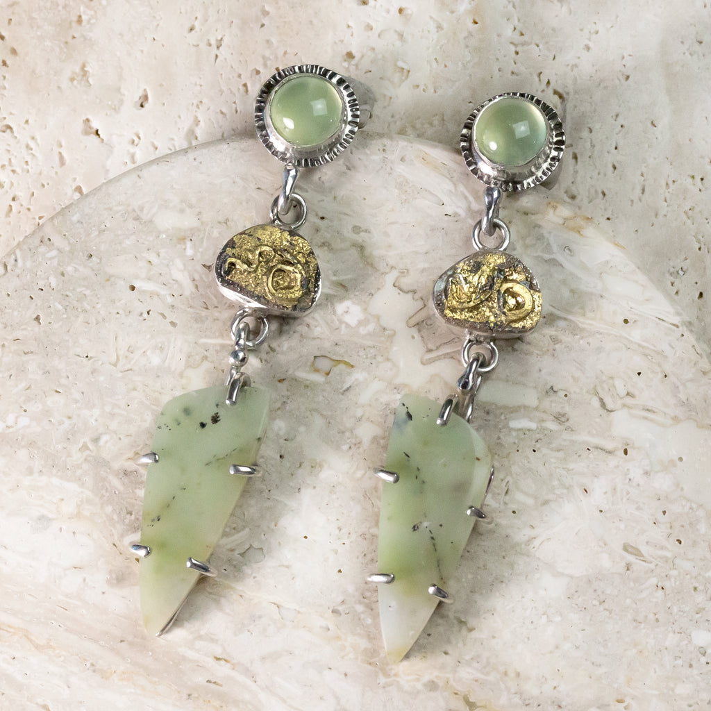 Opalized Petrified Wood, Chrysoprase & 24K Gold Sterling Silver Earrings