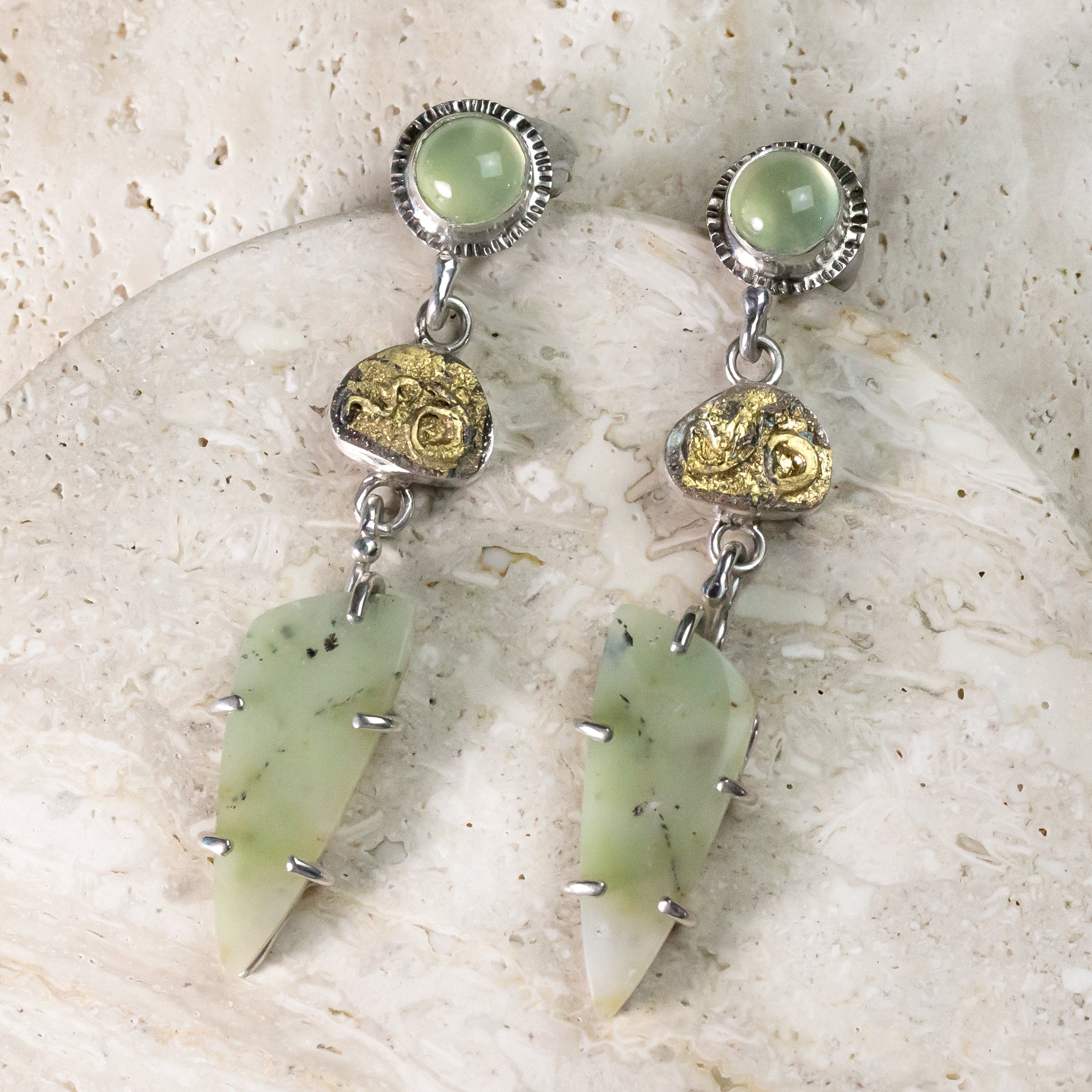 Opalized Petrified Wood, Chrysoprase & 24K Gold Sterling Silver Earrings