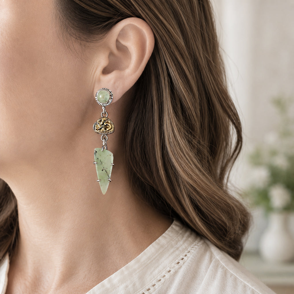 Opalized Petrified Wood, Chrysoprase & 24K Gold Sterling Silver Earrings