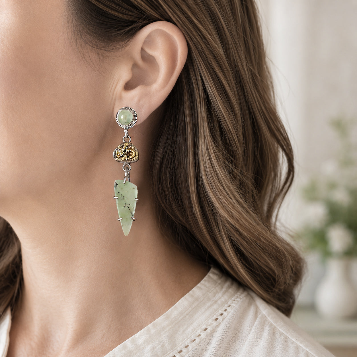 Opalized Petrified Wood, Chrysoprase & 24K Gold Sterling Silver Earrings