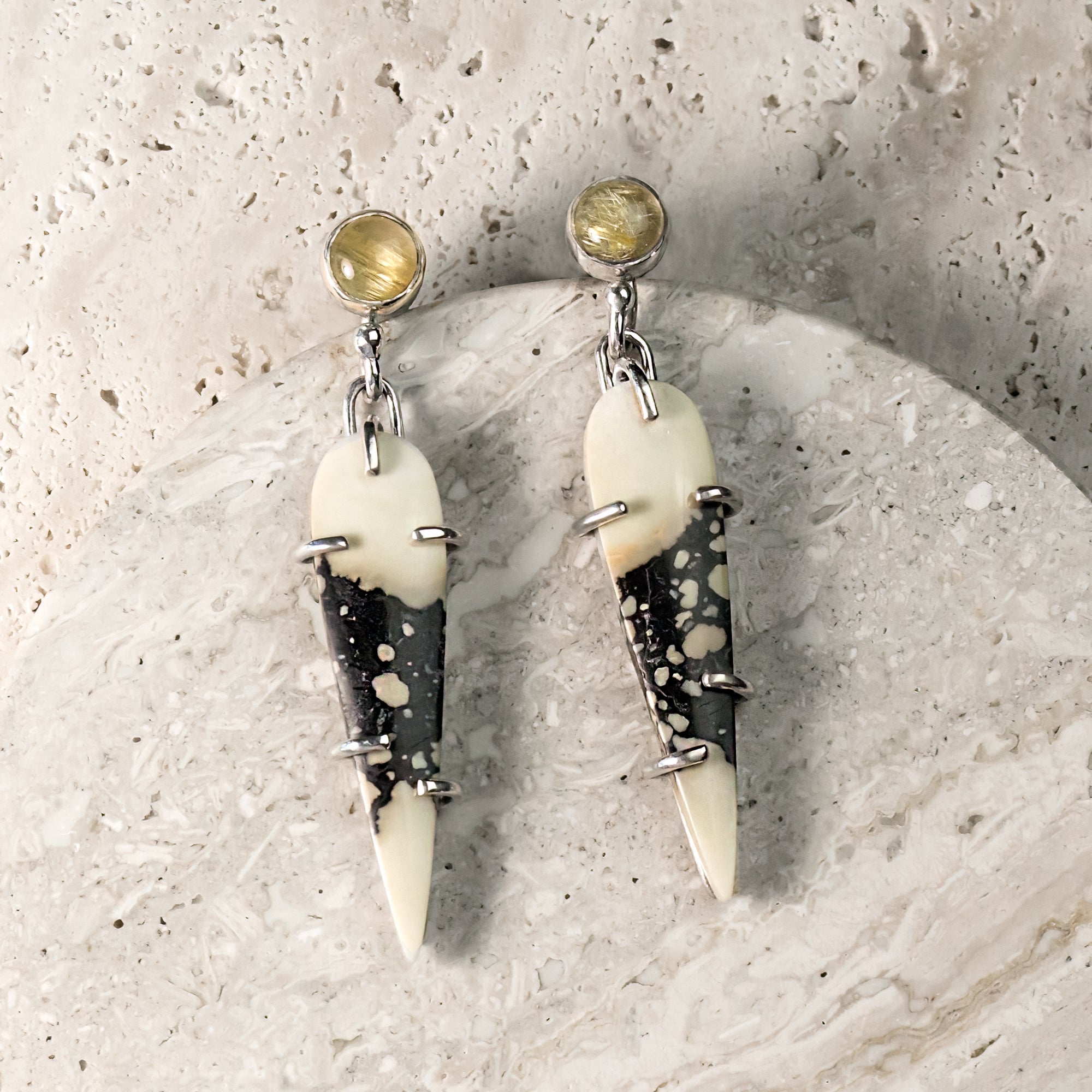 Magnesite & Golden Rutilated Quartz Sterling Silver Earrings
