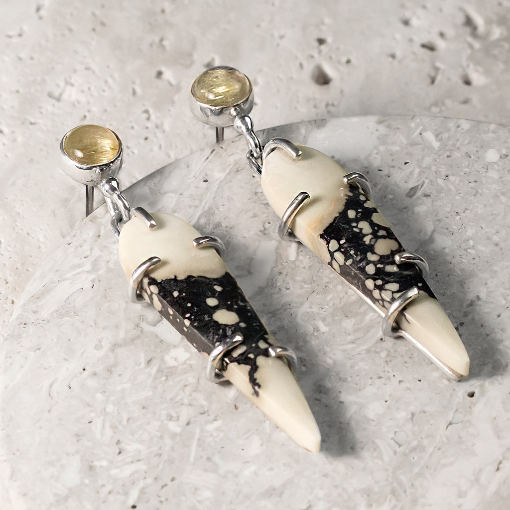 Magnesite & Golden Rutilated Quartz Sterling Silver Earrings