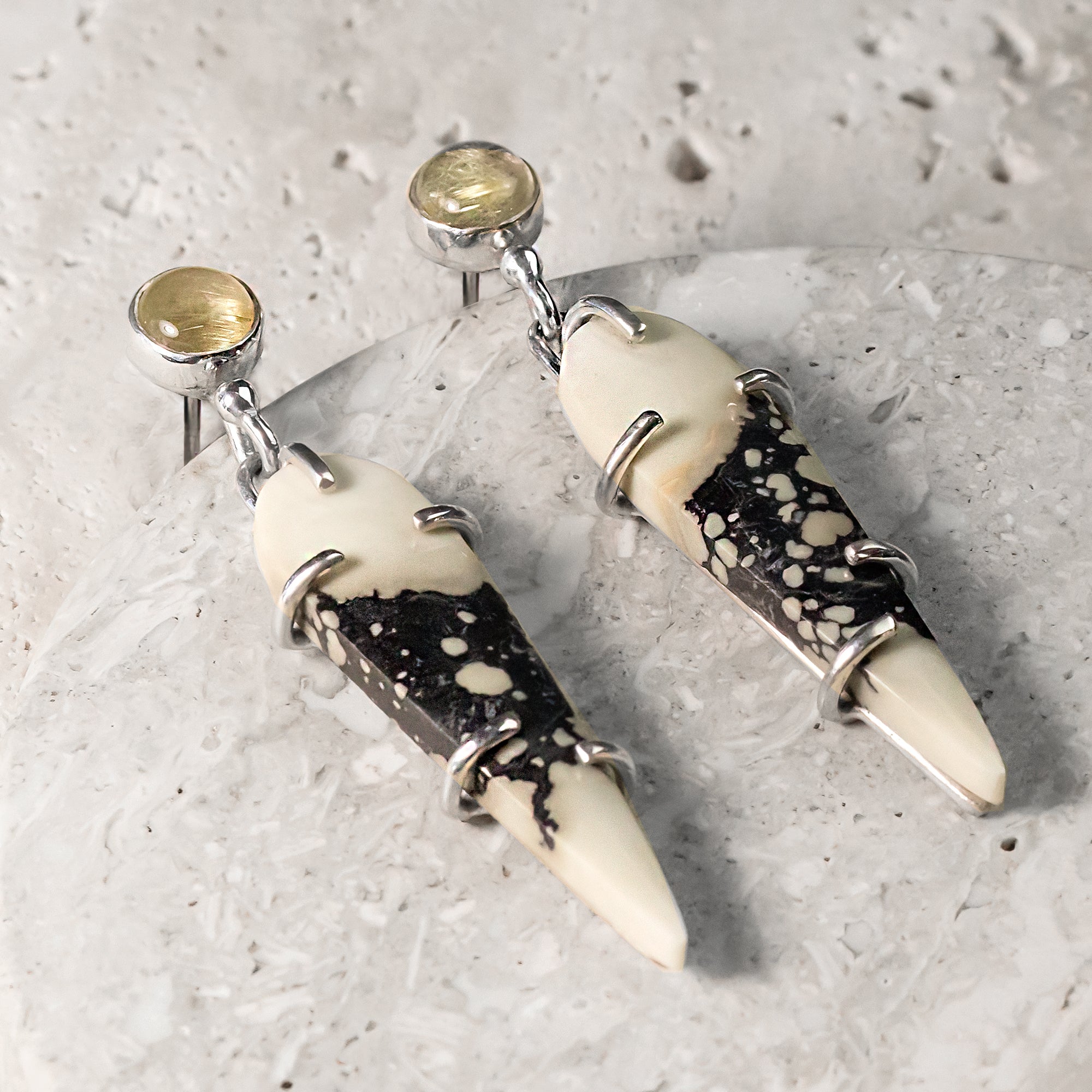 Magnesite & Golden Rutilated Quartz Sterling Silver Earrings