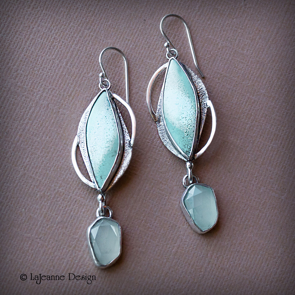 Blue Opalized Wood & Chalcedony Sterling Silver Earrings