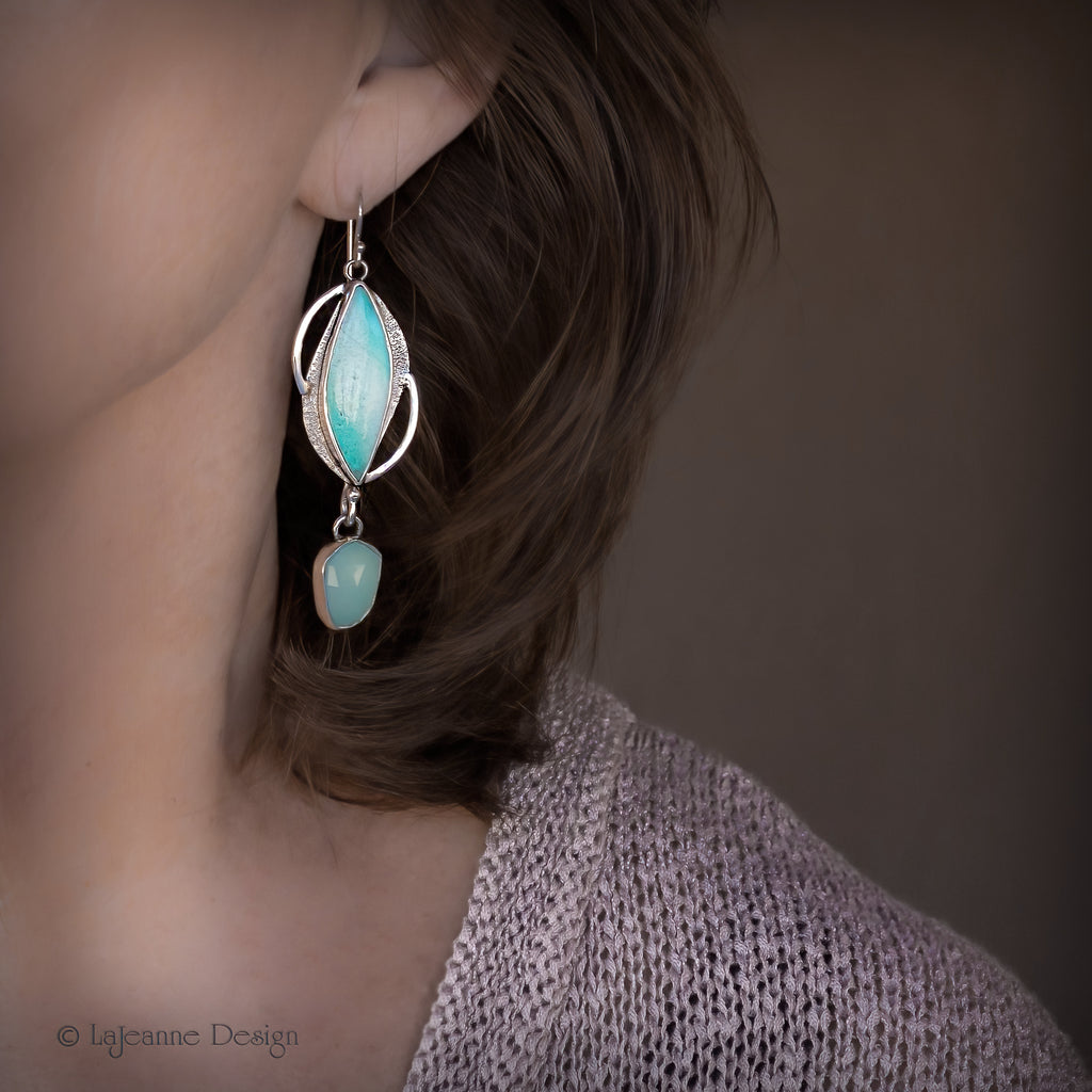 Blue Opalized Wood & Chalcedony Sterling Silver Earrings