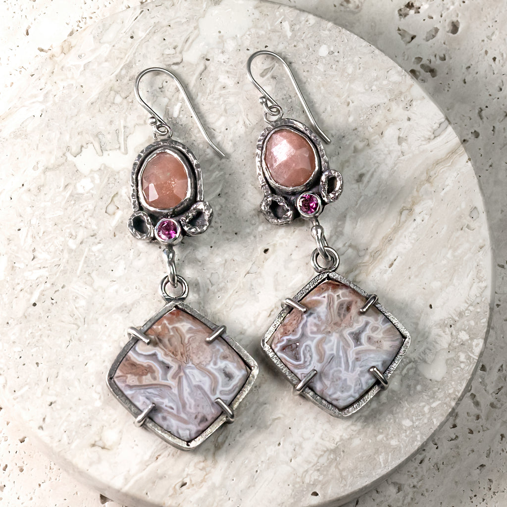 Crazy Lace Agate, Peach Moonstone & Pink Tourmaline Sterling Silver Earrings
