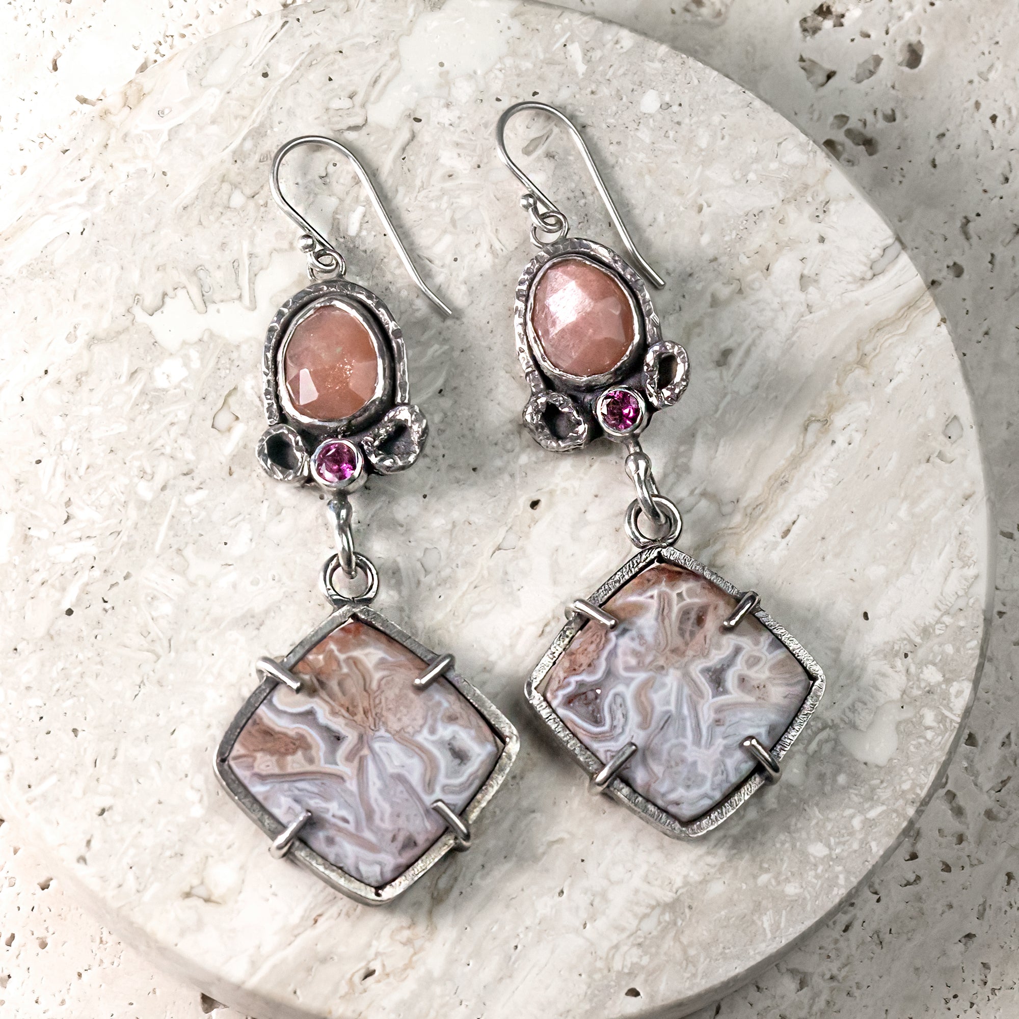Crazy Lace Agate, Peach Moonstone & Pink Tourmaline Sterling Silver Earrings
