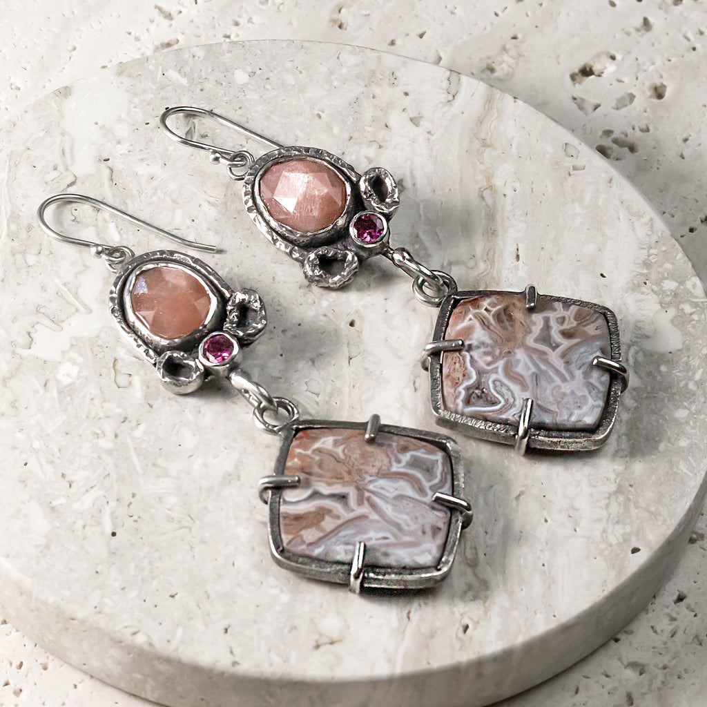 Crazy Lace Agate, Peach Moonstone & Pink Tourmaline Sterling Silver Earrings