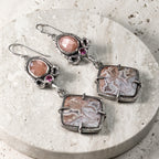 Crazy Lace Agate, Peach Moonstone & Pink Tourmaline Sterling Silver Earrings