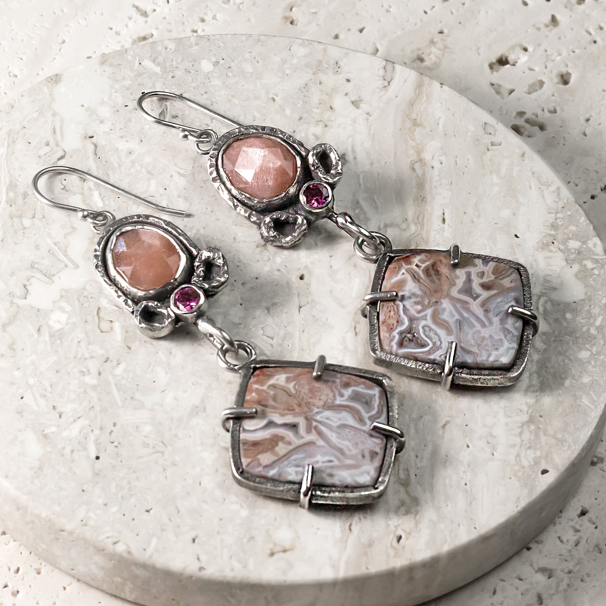 Crazy Lace Agate, Peach Moonstone & Pink Tourmaline Sterling Silver Earrings