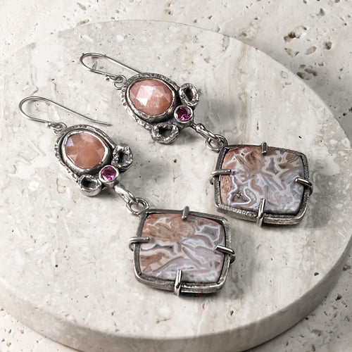 Crazy Lace Agate, Peach Moonstone & Pink Tourmaline Sterling Silver Earrings