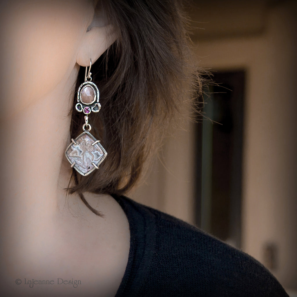 Crazy Lace Agate, Peach Moonstone & Pink Tourmaline Sterling Silver Earrings